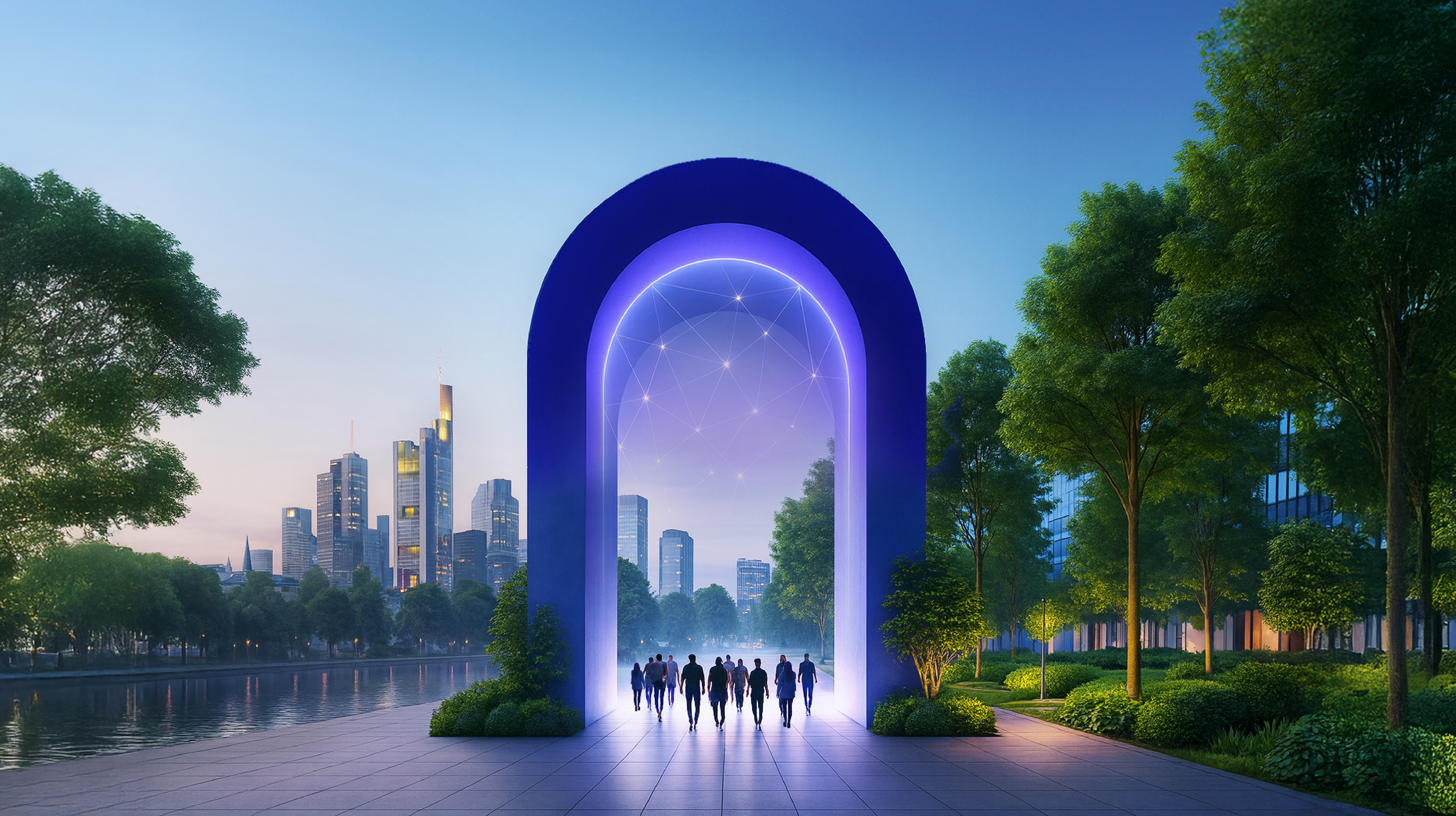 Social Innovation Gateway — beleuchtetes Tor vor der Frankfurter Skyline
